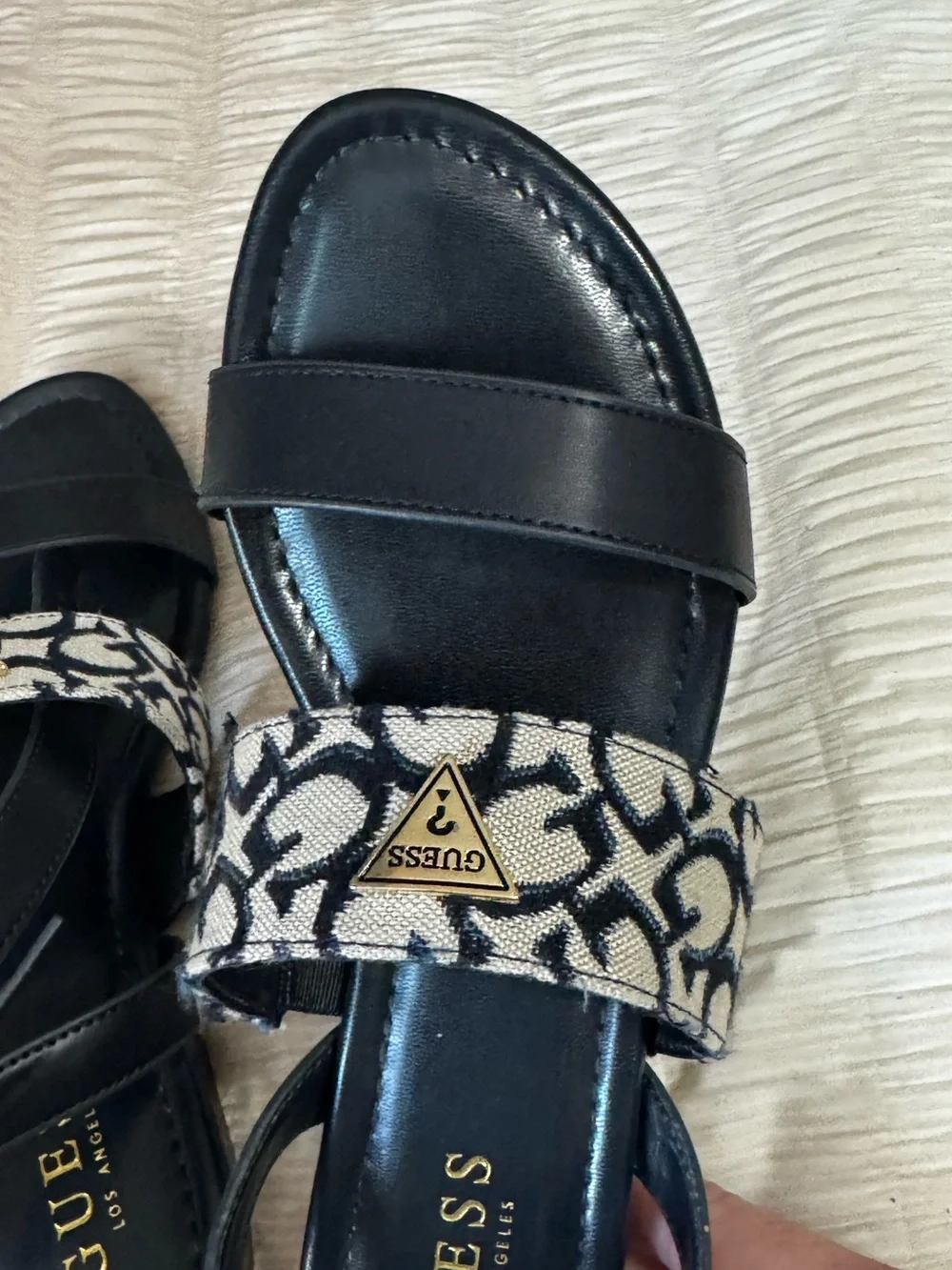 GUESS Navy Blue Leather & Monogram Logo Strap Sandals